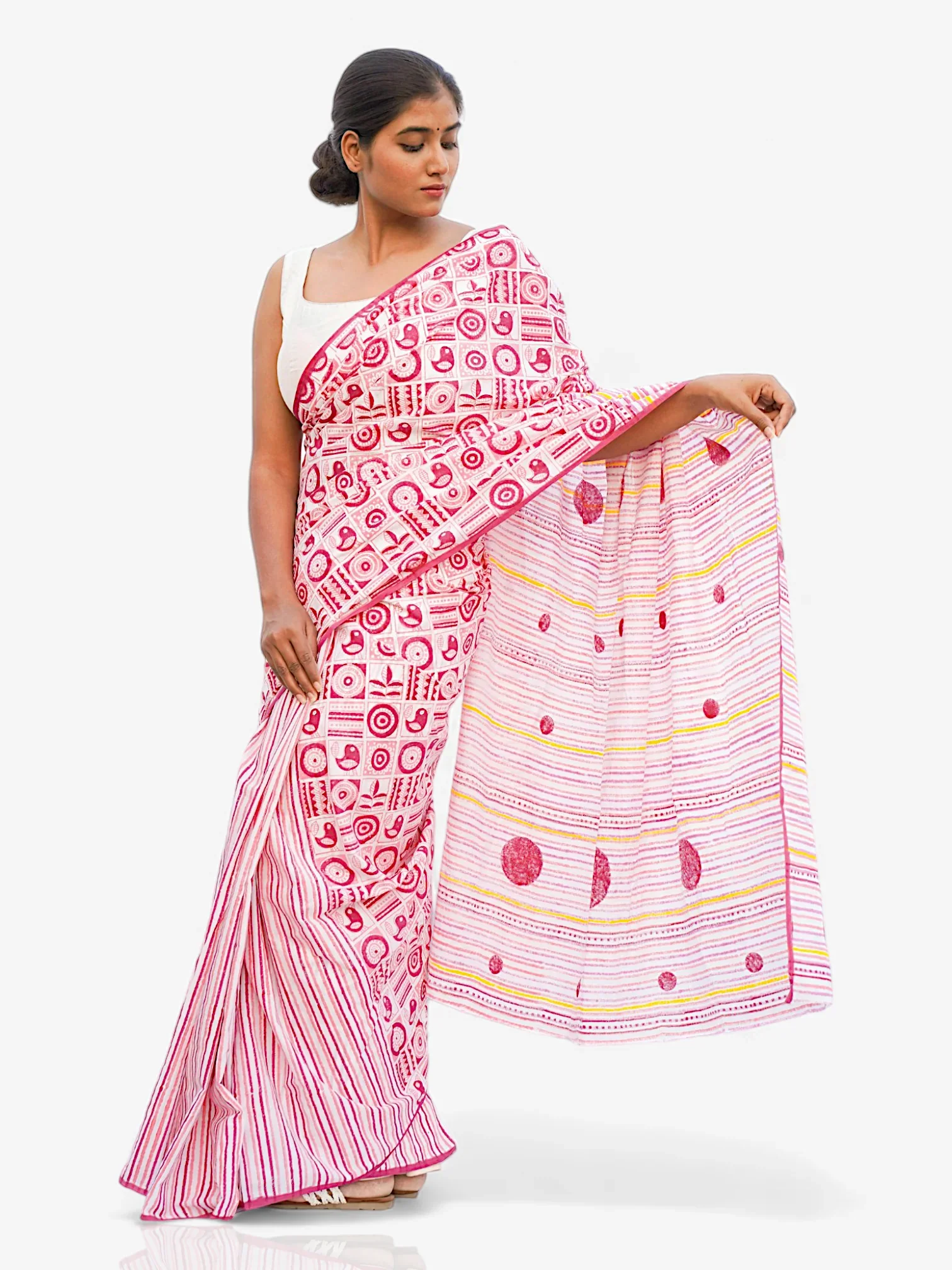 Fusion Fiesta – Quirky Blend Block Print Mul Cotton Saree - Kozylook